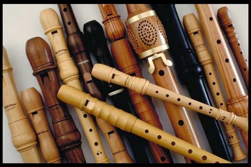 A picture of 14 different soprano, alto, tenor and bass recorders.